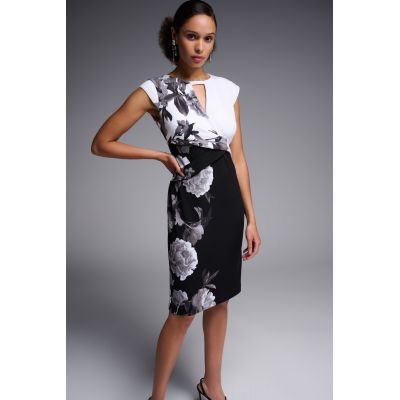 Elegancka biało-czarna sukienka Joseph Ribkoff z kwiatowym wzorem